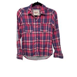Mossimo Supply Button Up Pink Plaid Shirt Top Blouse Elbow Patch S Country Gorp